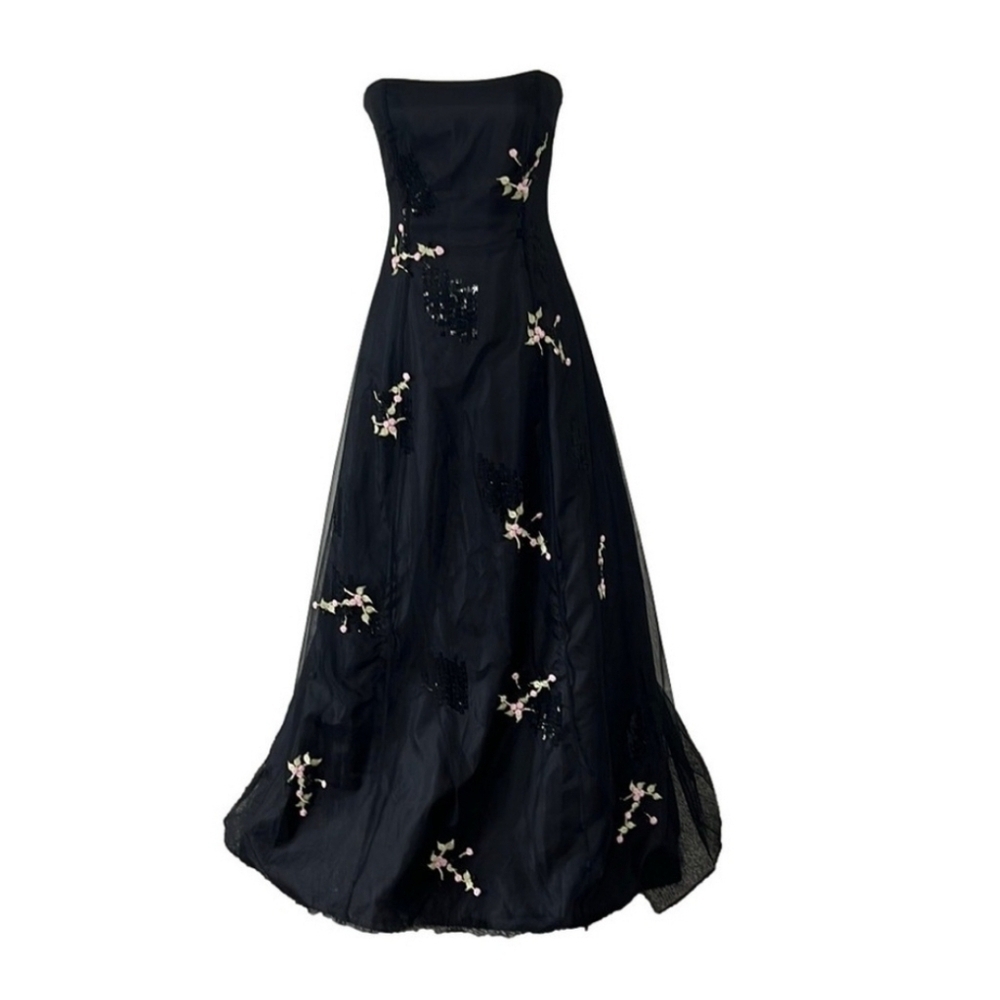 Vtg 90s Y2K Black Floral Whimsy Fairy Beaded Tulle Mesh Prom Formal Gown Sz 5